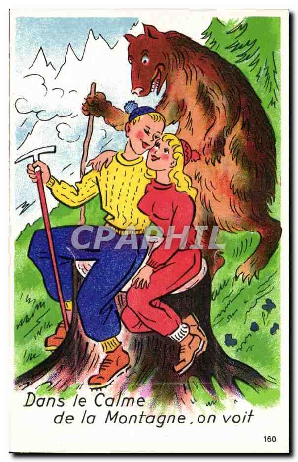 Humour - Illustration - happy couple - ours - bear - CPA 