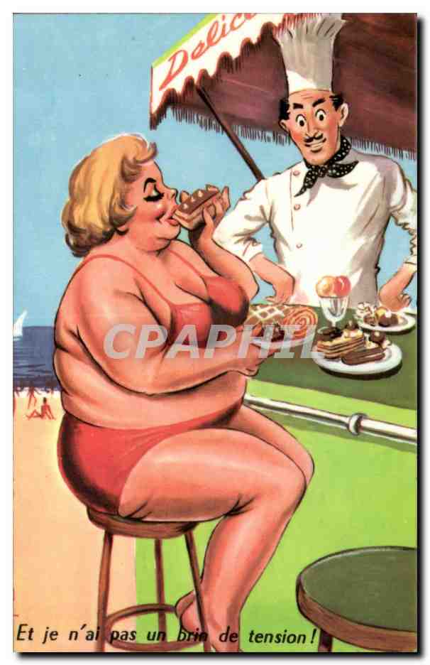 Femme en maillot rouge dégustant un dessert — chef souriant — éditeur 'Craquelés de la Bohème' n°1405
