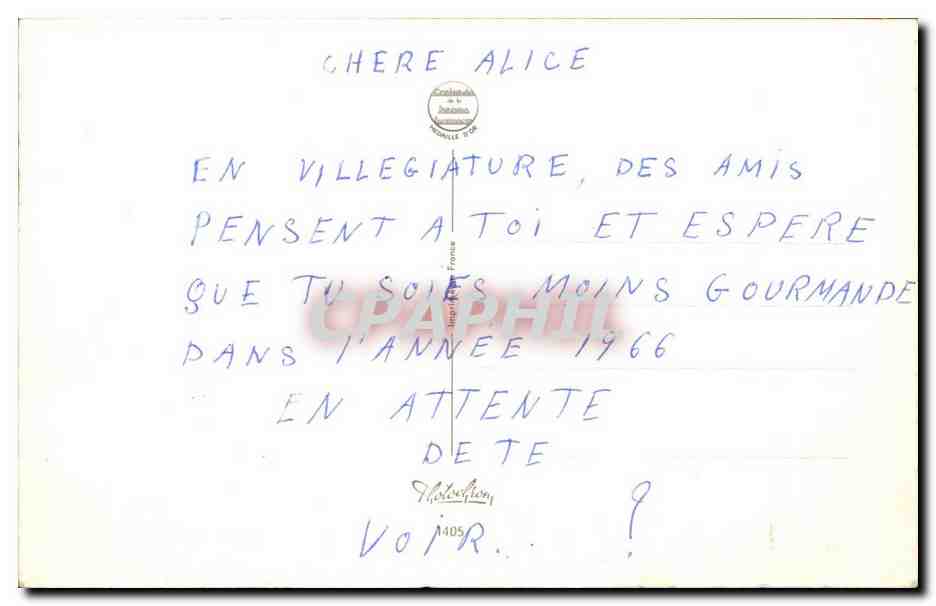 Femme en maillot rouge dégustant un dessert — chef souriant — éditeur 'Craquelés de la Bohème' n°1405 — Verso