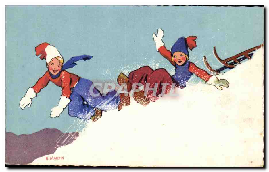 Enfants - Illustration - neige - sports d'hiver - CPA 