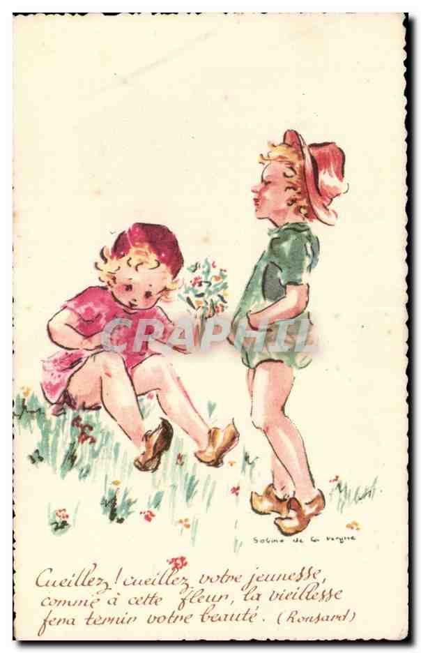 Enfants - Illustration - Children With Flowers - CPA 
