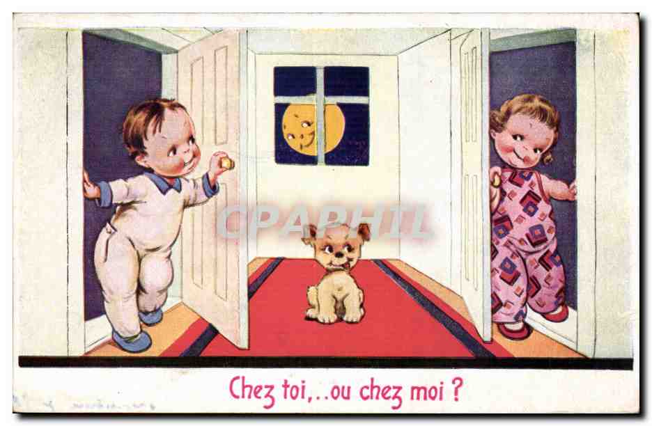 Enfants - Illustration - chez mo ou chez toi - chien - dog - lune - moon - CPA 