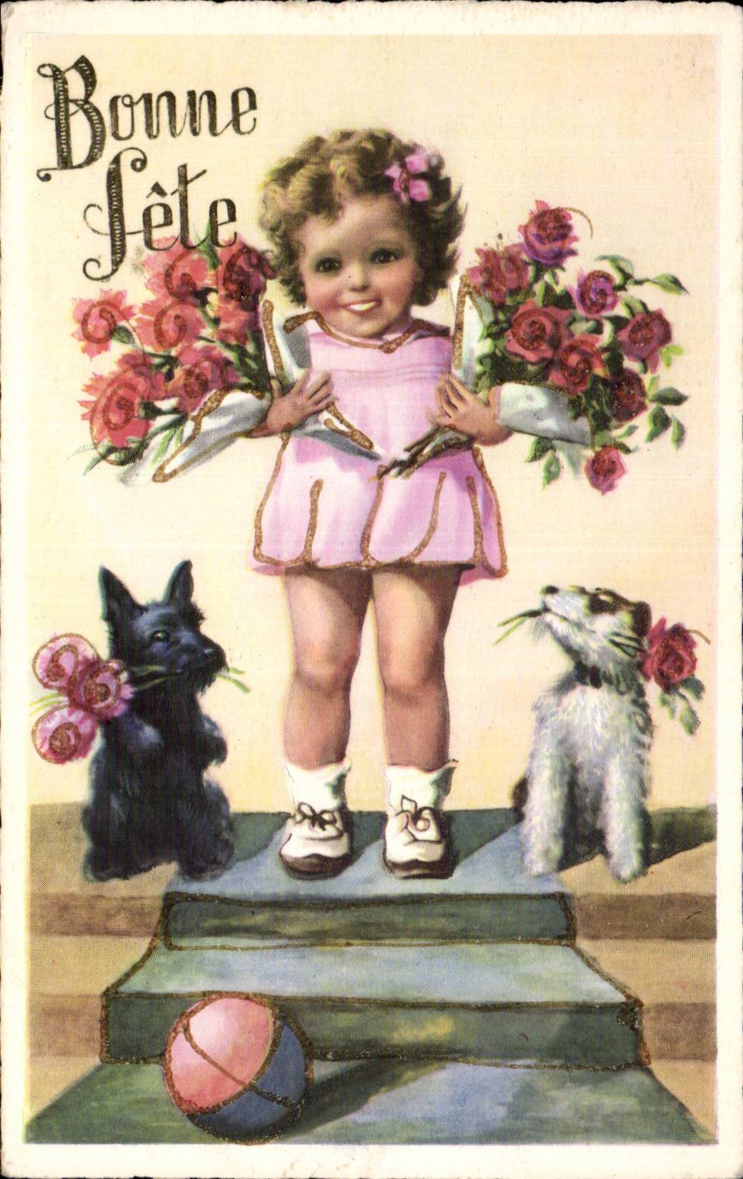 Fille avec chiens et roses — Bonne Fête — Fox, n°8908