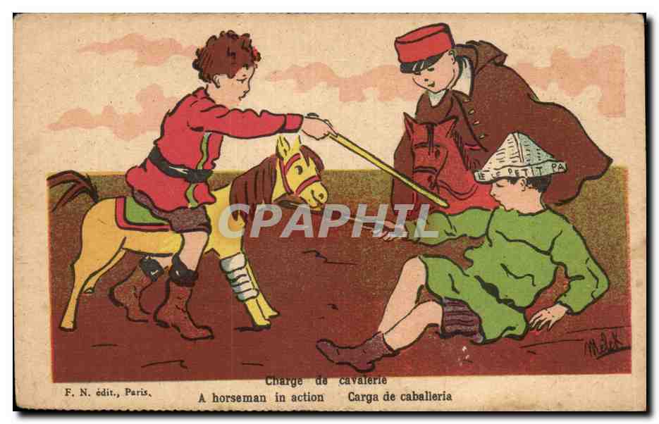Enfants - Illustration - La Cavalerie - cheval - horse - CPA 