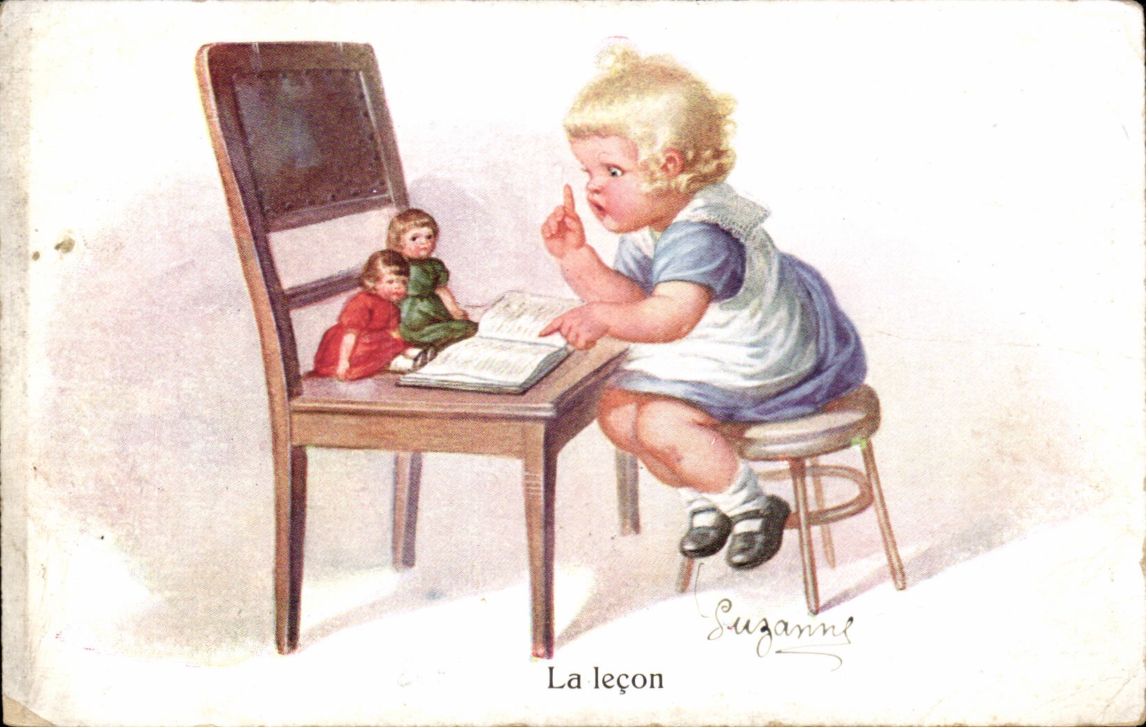 Enfants - Illustration - La Lecon - poupee - dolls - CPA 
