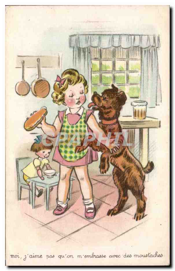 Enfants - Illustration - little girl - chien - dog - poupee - dolls - CPA 