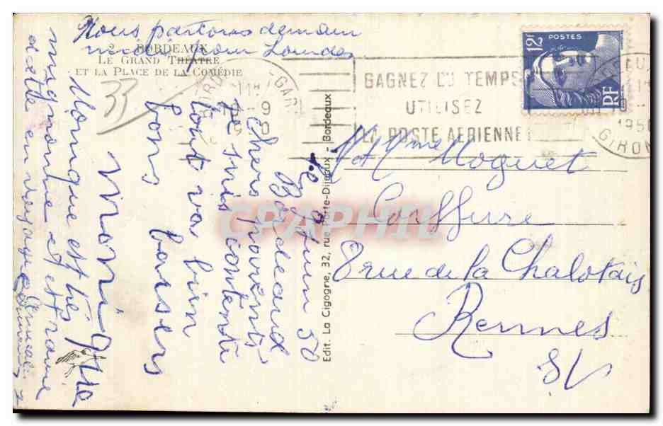 CPA Bordeaux Le grand theatre et la place de la Comedie  — Verso