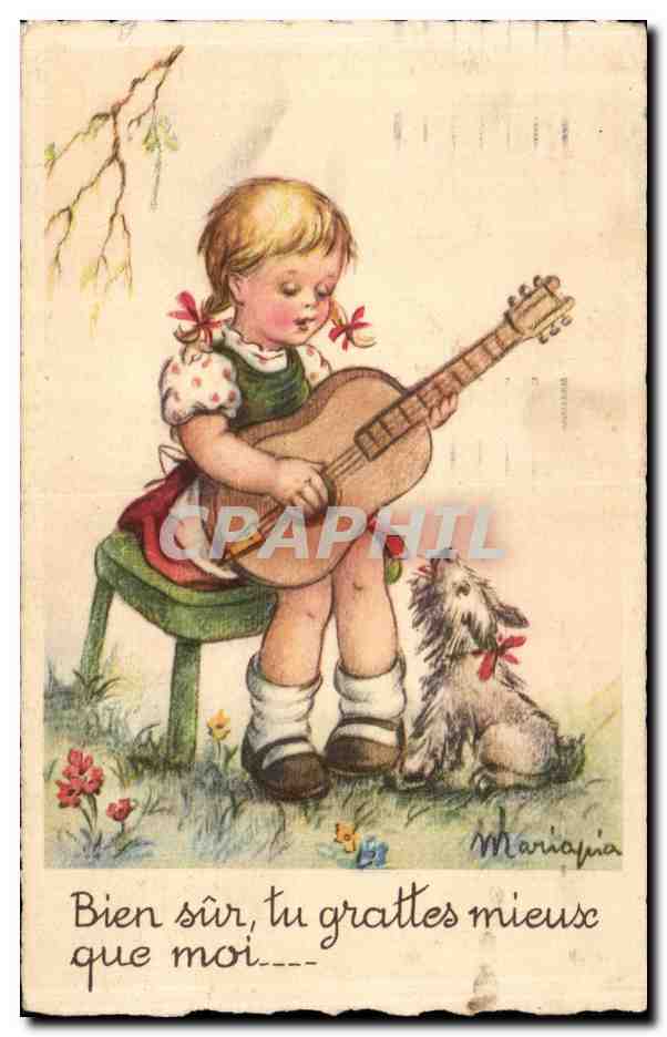 CPA Fantaisie Enfant a la guitere Chein 