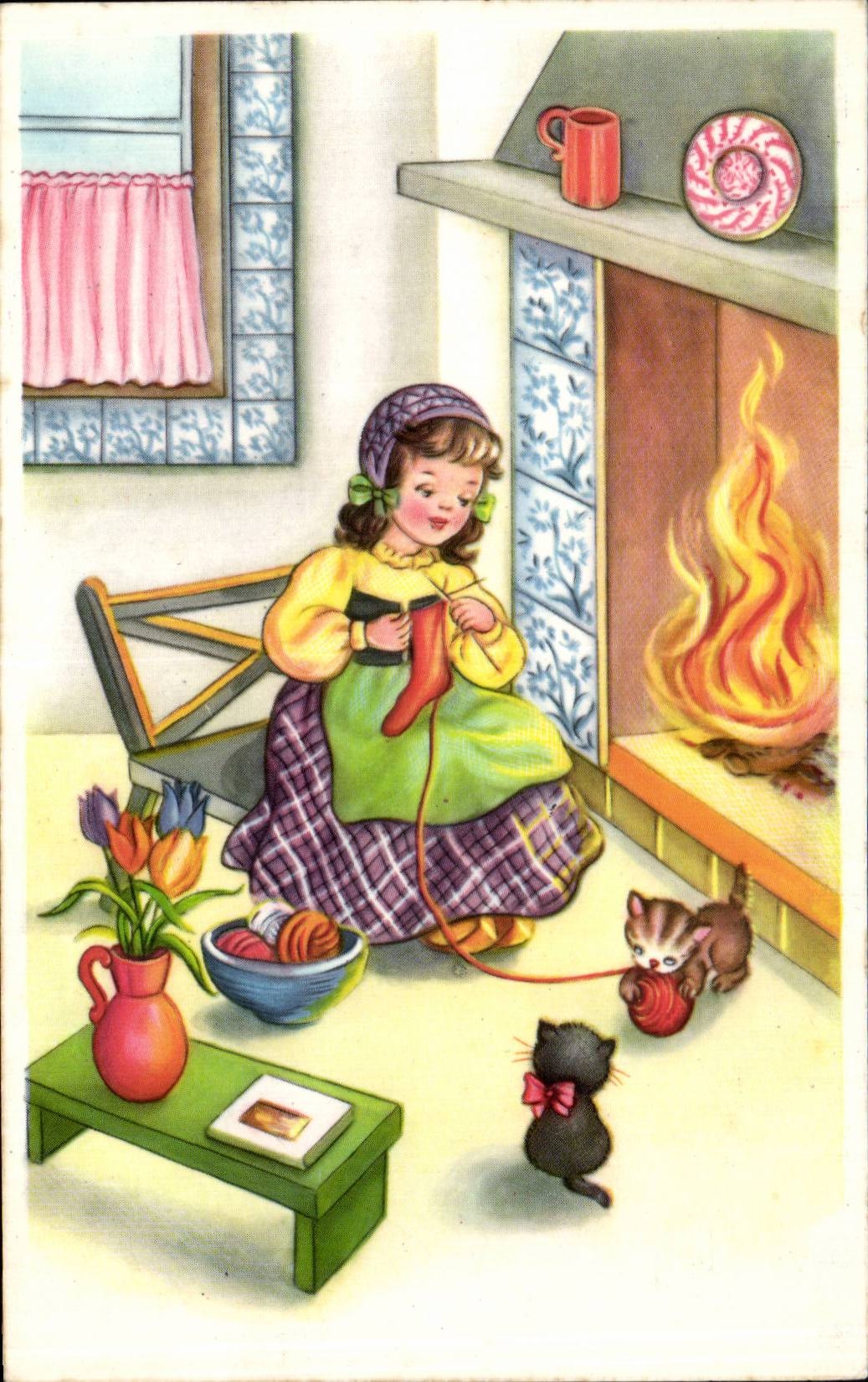 CPA Fantaisie Enfant au tricot Chat 