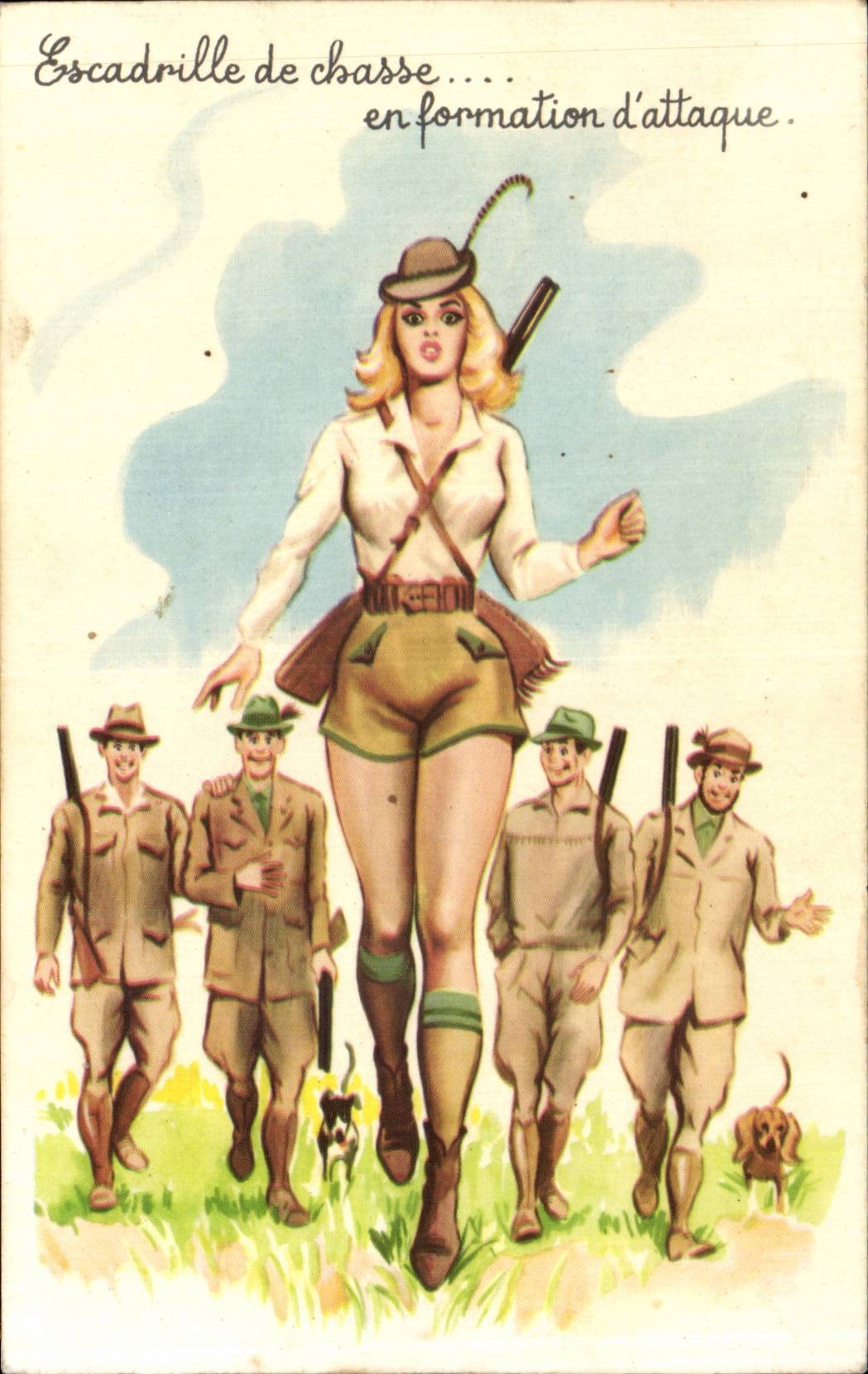 CPA Fantaisie Humour Escadrille de chasse en formation d'attaque Chasse Chasseurs