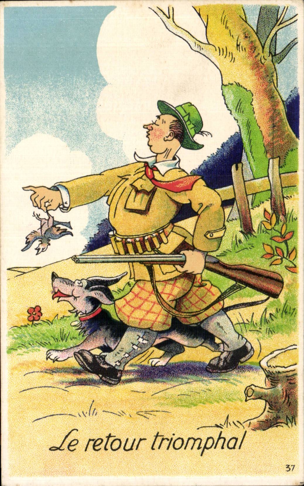 CPA Fantaisie Chasse Chasseur le retour triomphal Chien 