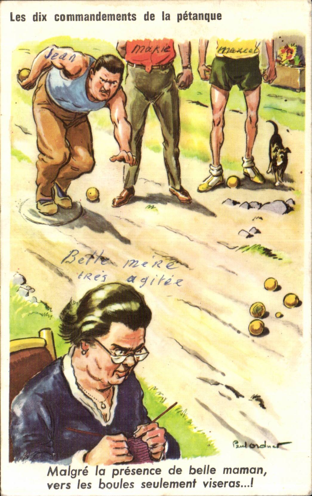 Les dix commandements de la pétanque — caricature de joueurs et d'une femme tricotant — Paul Ordner