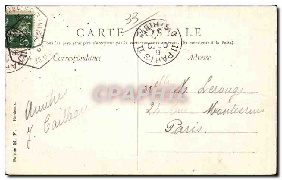 Bordeaux — La Statue de Gambetta aux Allées de Tourny — Édition M. F. — N° 39 — Reverso