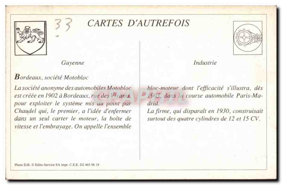 REPRO Bordeaux - Automobiles Motobloc - La Coulee des Carters - usine -factory - ouvrier - CPA  — Verso