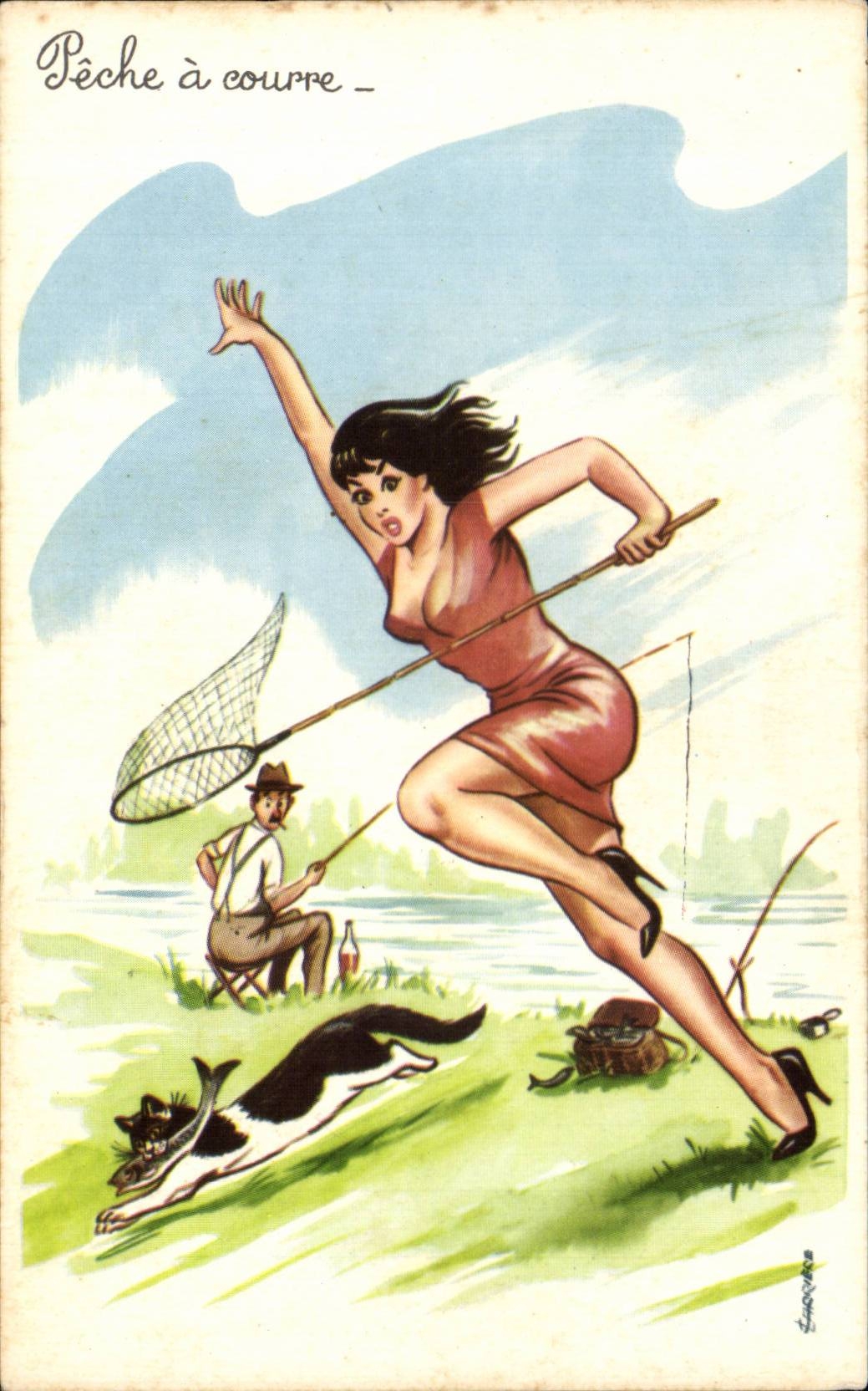 Humour - Illustration - pin up - pinup - peche a courre - chat - poisson - cat - fish - CPA 