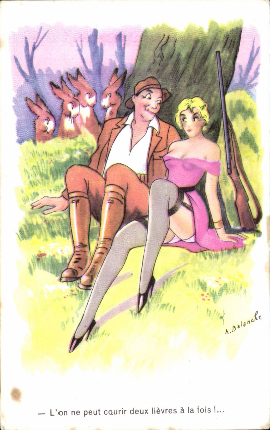 Couple de chasseurs en forêt — A. Balanche — Édition G. Picard, La Rose 1122