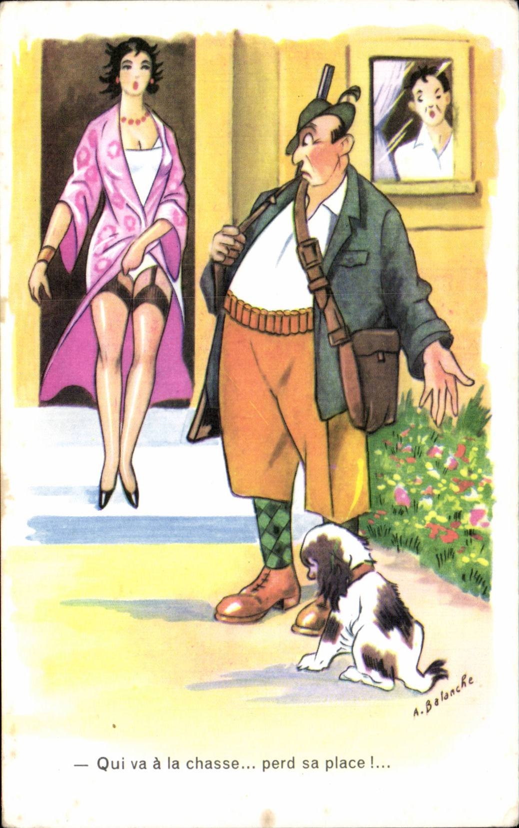 Humour - Illustration - pin up - pinup - chasseur - hunter - CPA Balanche