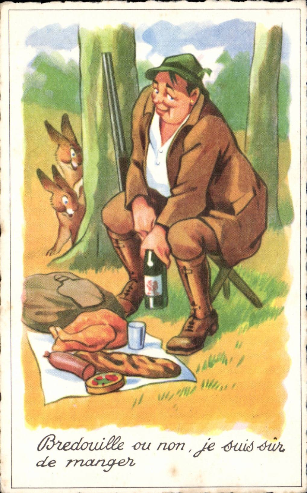 Humour - Illustration - chasseur - hunter - vin - wine - wein - CPA 