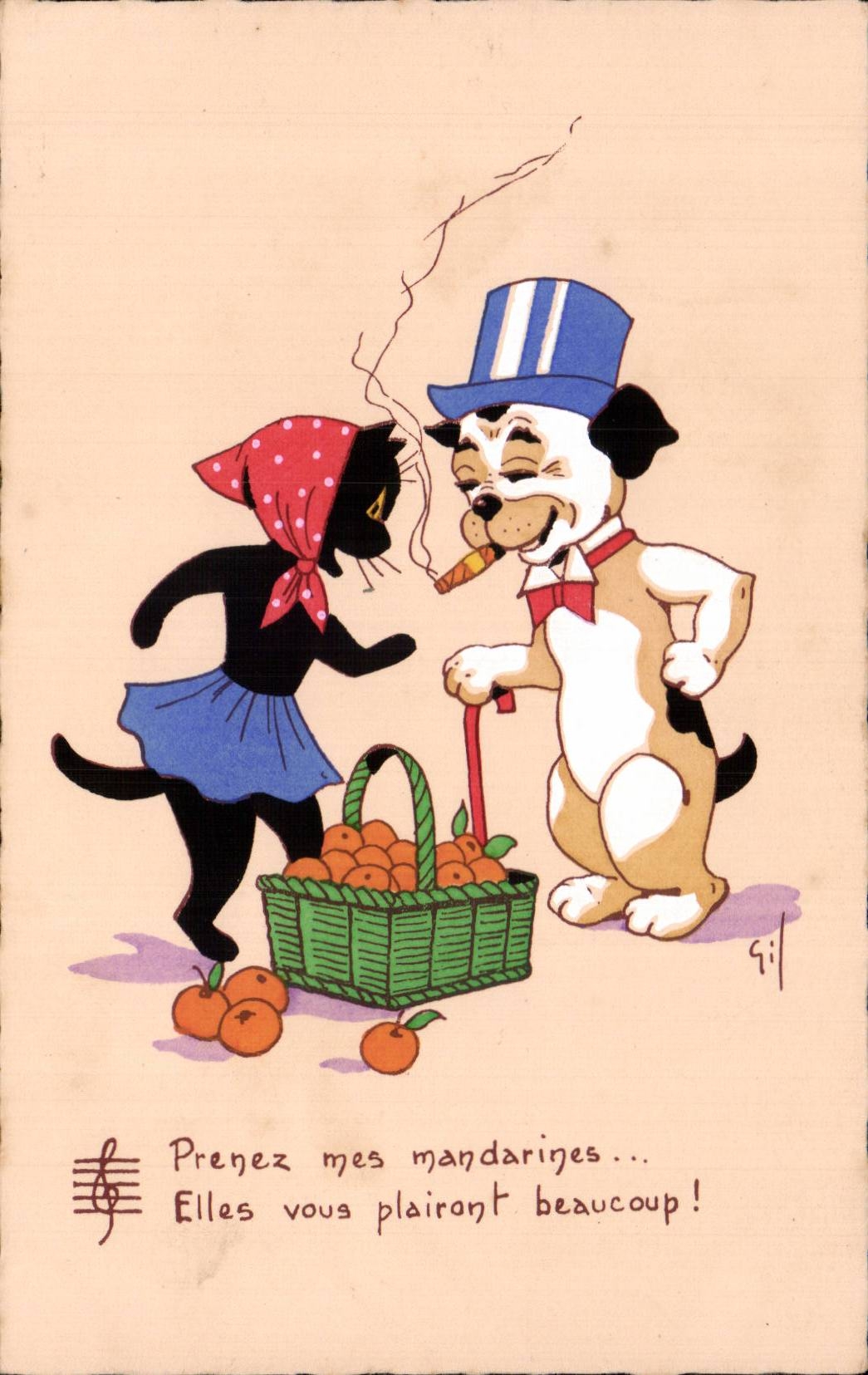 Humour - Illustration - chien et chat - cat and dog - CPA 