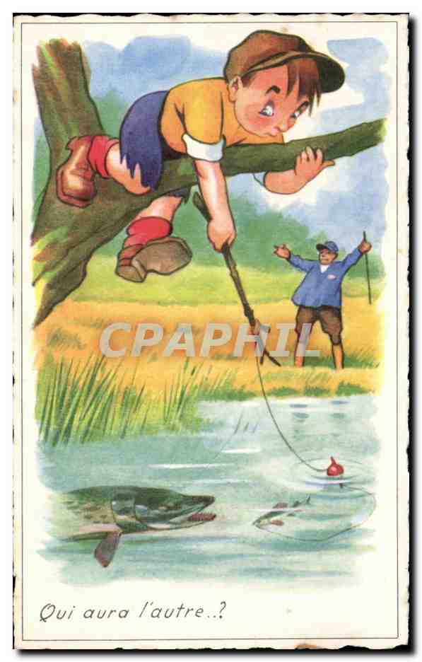 Humour - Illustration - enfant - little boy - la peche - fishing - CPA 