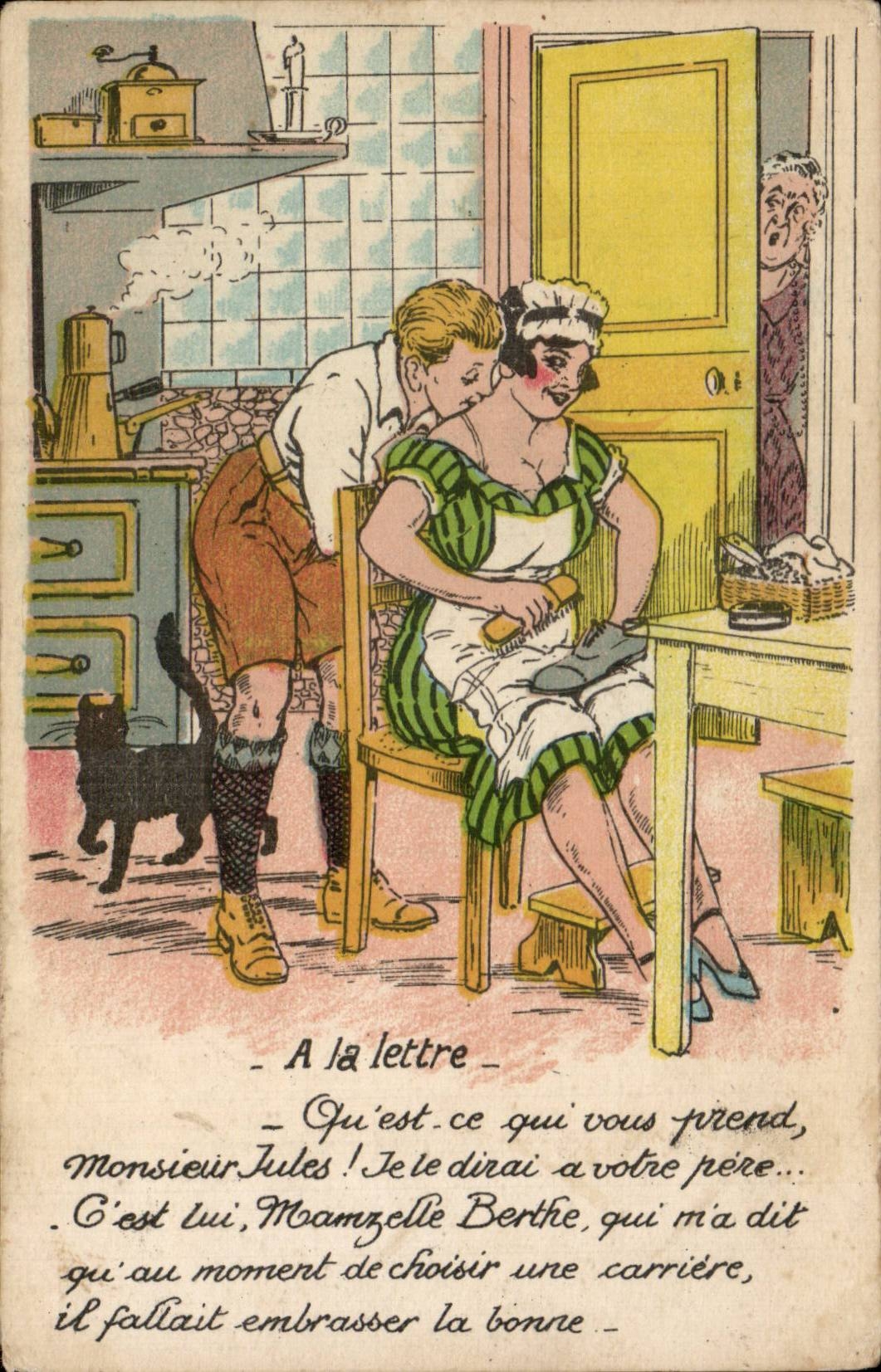 Scène de cuisine — jeune homme embrassant une femme — texte imprimé et manuscrit — éditeur 'CORRESPONDANCE CARTE POSTALE' (verso)