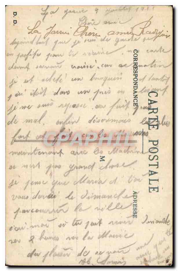 Scène de cuisine — jeune homme embrassant une femme — texte imprimé et manuscrit — éditeur 'CORRESPONDANCE CARTE POSTALE' (verso) — Verso