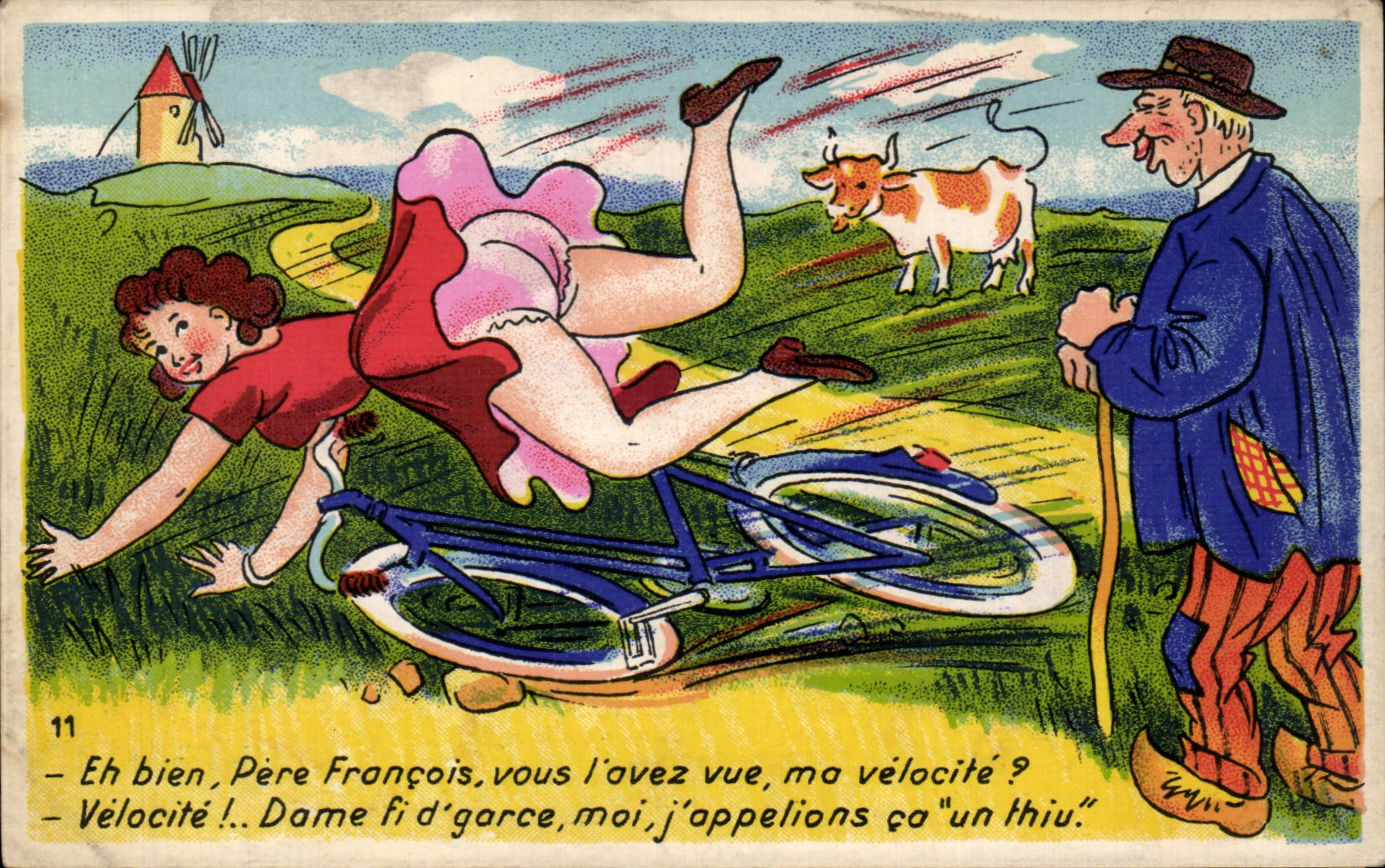 Humour - Illustration - moulin - windmill - velo - bicycle - vache - cow - CPA 