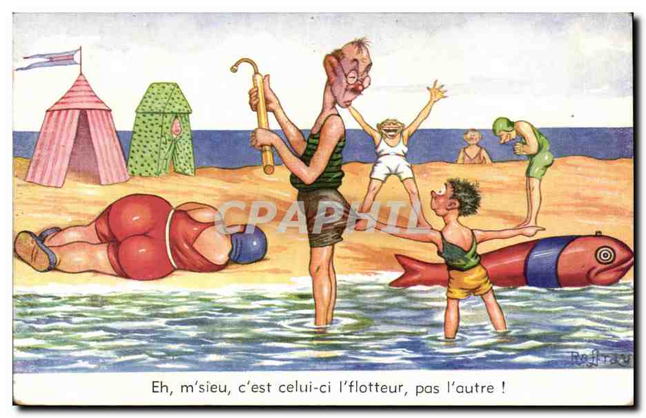 Humour - Illustration - bain - swimming - plage - beach - CPA 