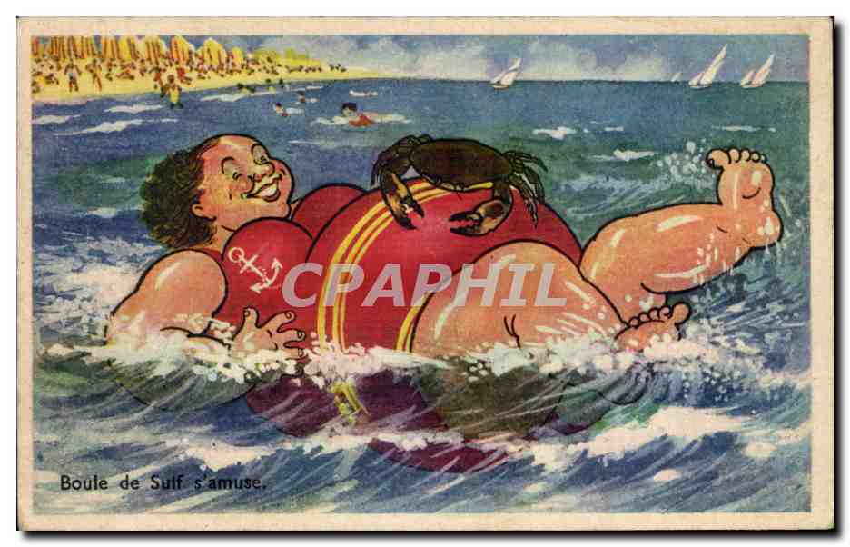 Humour - Illustration - bain - swimming - plage - beach - crabe - crab - CPA 