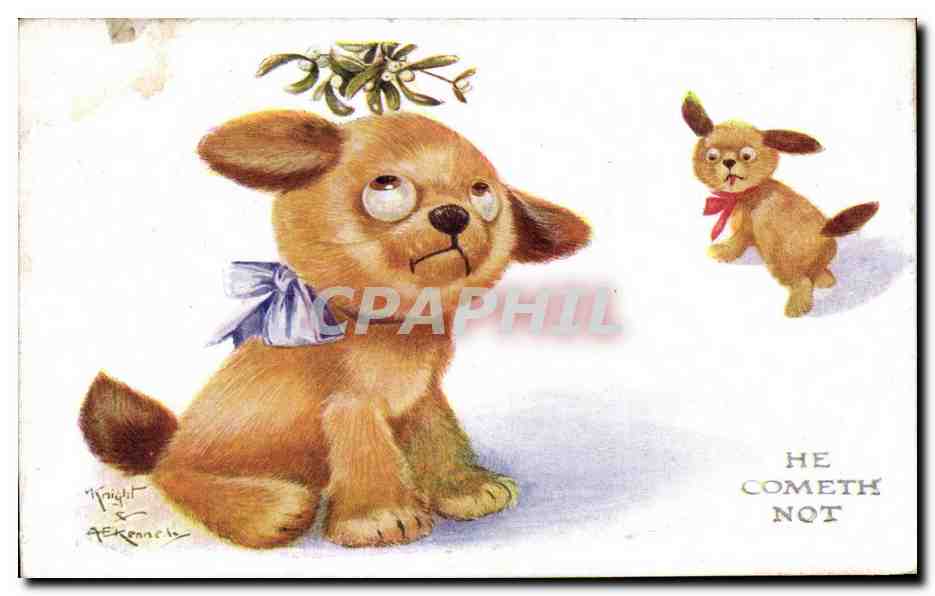 Fetes - Noel - Christmas - mistletoe - he cometh not - chien - dog - CPA 