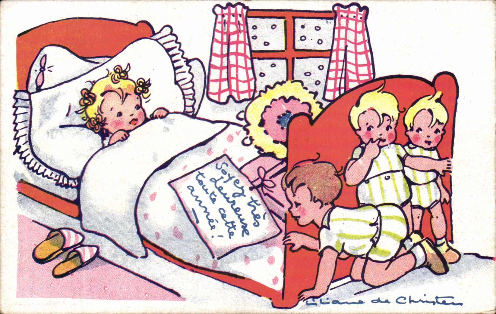Fantaisie - Enfant au lit - little children playing - CPA 