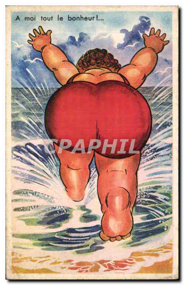 Humour - Illustration - A moi tout le bonheur - bain - swimming - plage - beach - CPA 