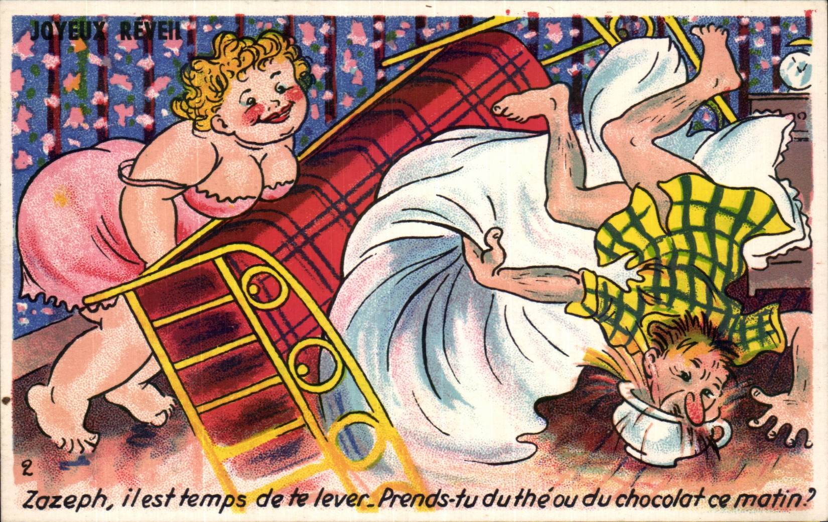 Joyeux Réveil — Zazeph, il est temps de te lever. Prends-tu du thé ou du chocolat ce matin? — Éditeur : CARTE POSTALE NANTES