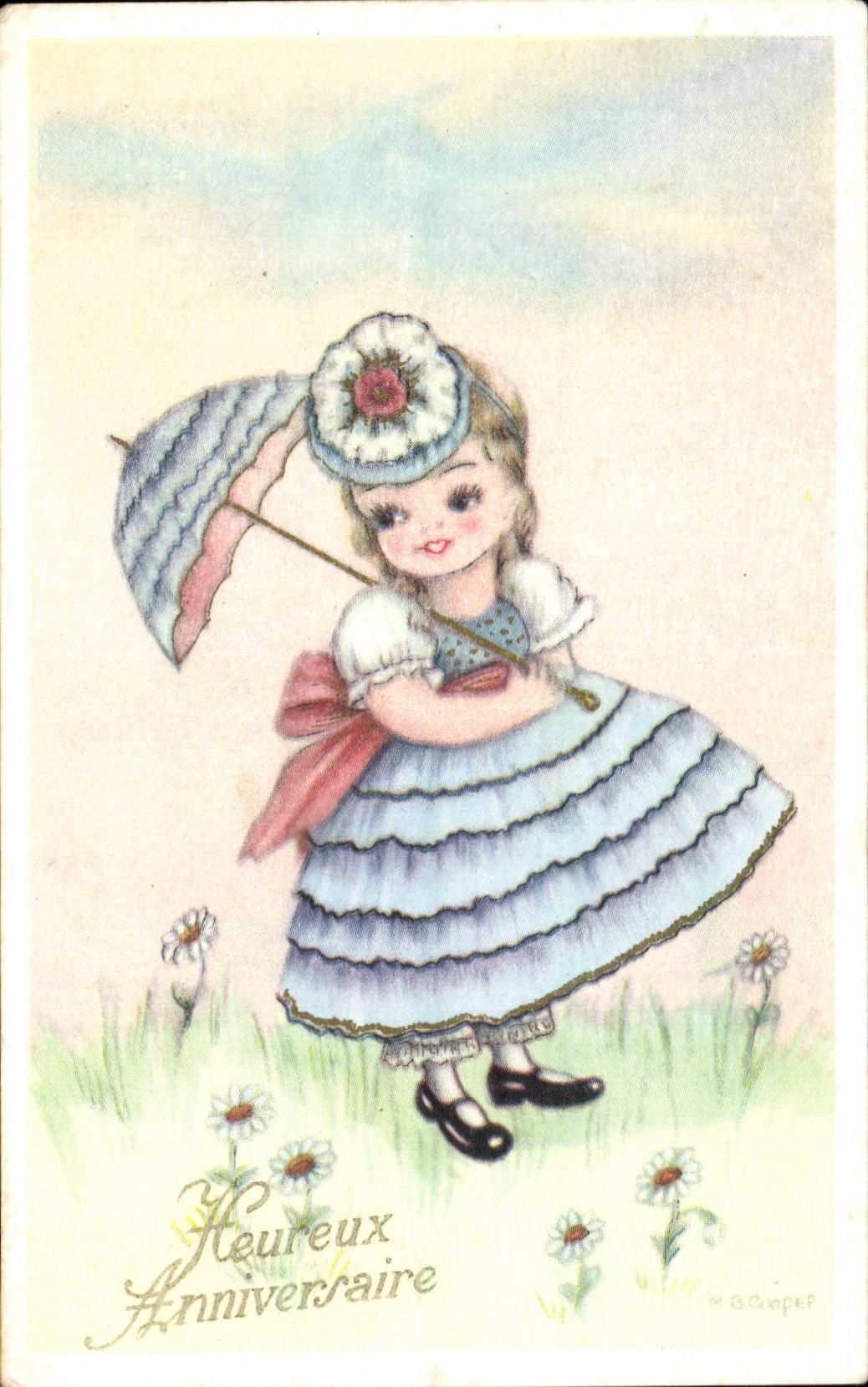 Fantaisie - Enfants - Illustration - parasol - little girl - CPA 