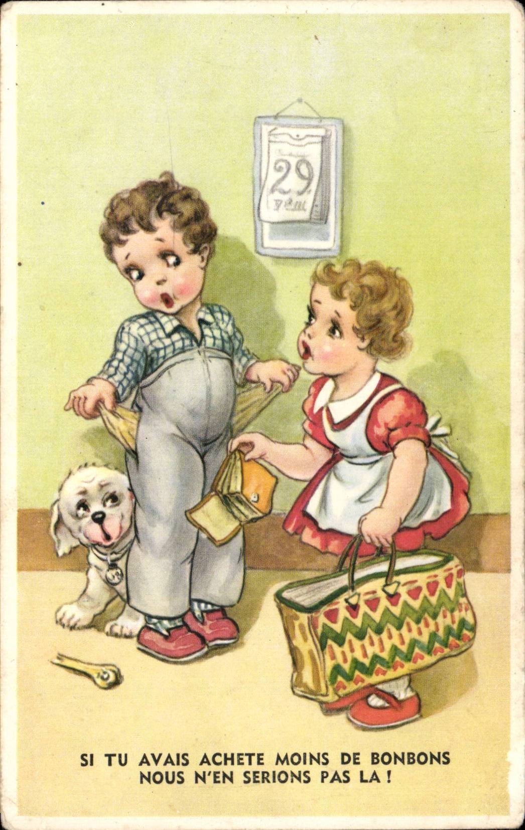 Fantaisie - Enfants - Illustration - darling children - chien - dog - CPA 