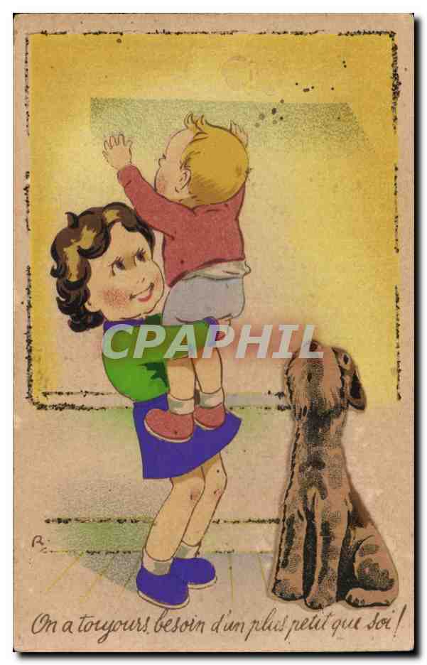 Fantaisie - Enfants - Illustration - darling children - chien - dog - CPA 