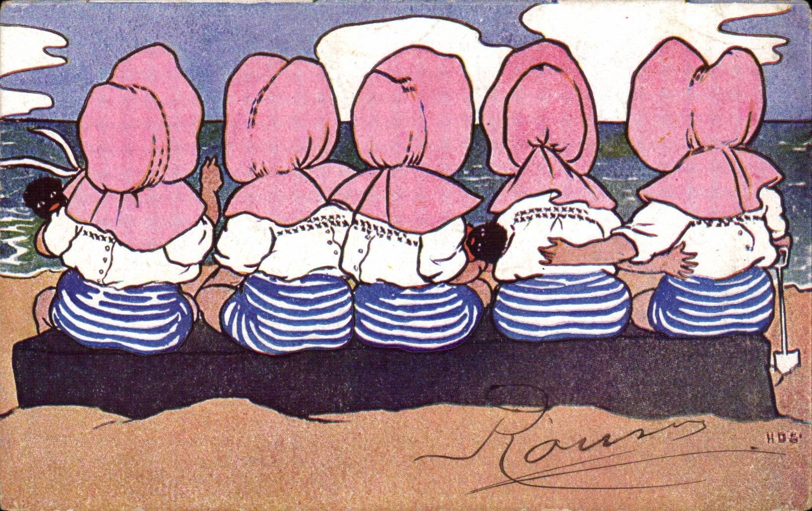 Fantaisie - Enfants - Illustration - children at the beach - chat - cat - CPA 