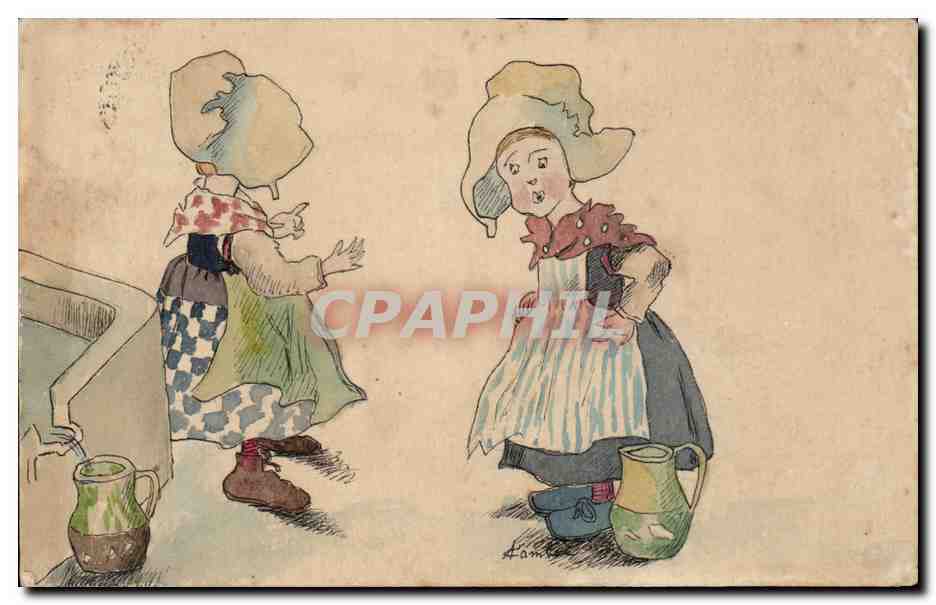 Fantaisie - Enfants - Illustration - children collecting water - CPA 