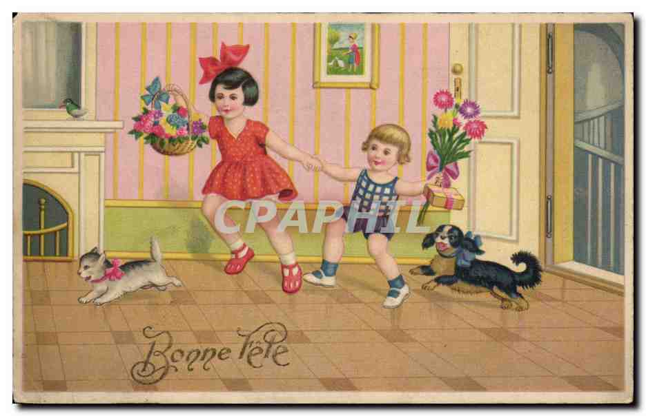 Fantaisie - Enfants - Illustration - children and dogs - chien Cat - CPA 