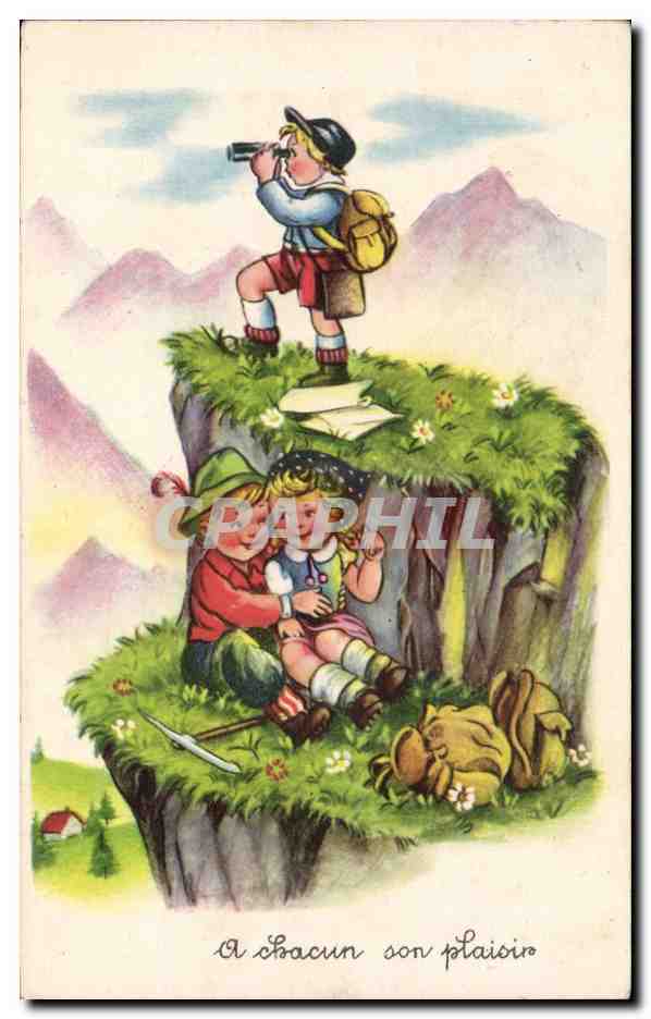 Fantaisie - Enfants - Illustration - children climbing mountains Alpinisme - CPA 