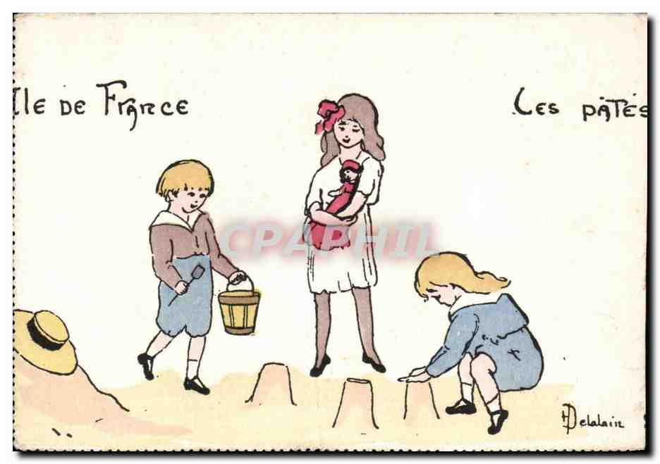 Fantaisie - Enfants - Ile de France - children playing in the sand - CPA 