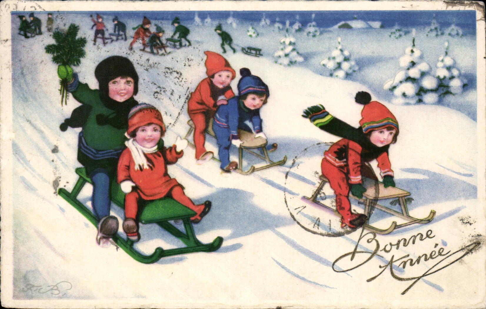 Fantaisie - Enfant - Illustration - beautiful little children - sled - luge - Bonne Annee - CPA 