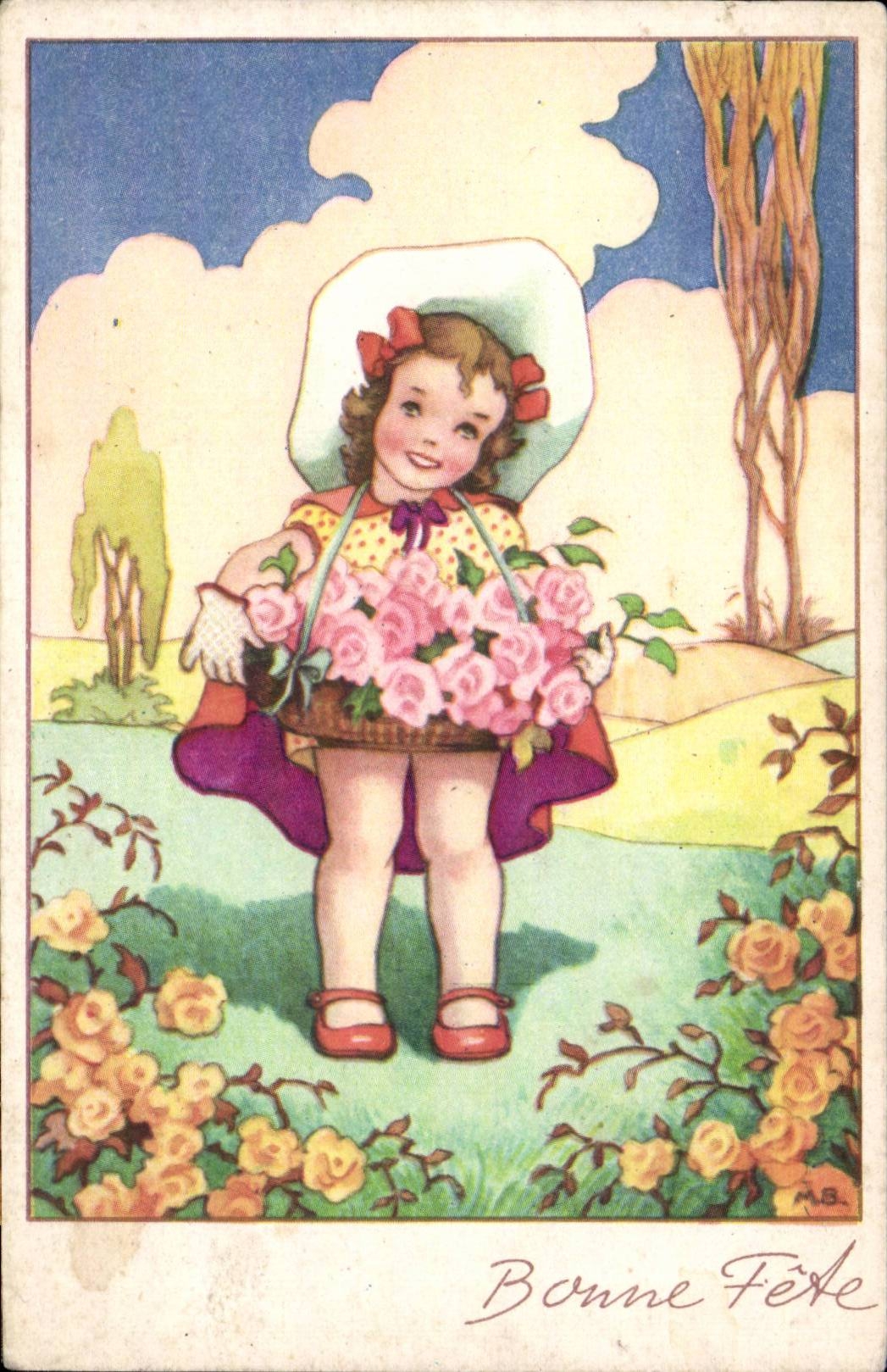 Fantaisie - Enfants - Illustration - darling girl with flowers - CPA 