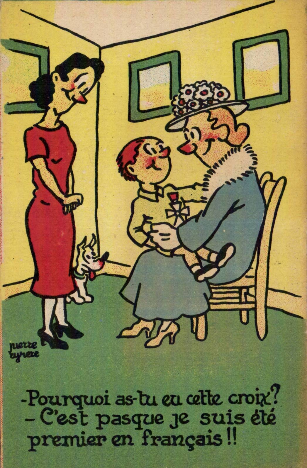 Fantaisie - Enfants - Illustration - little boy - grandmother - dog - chien - CPA 