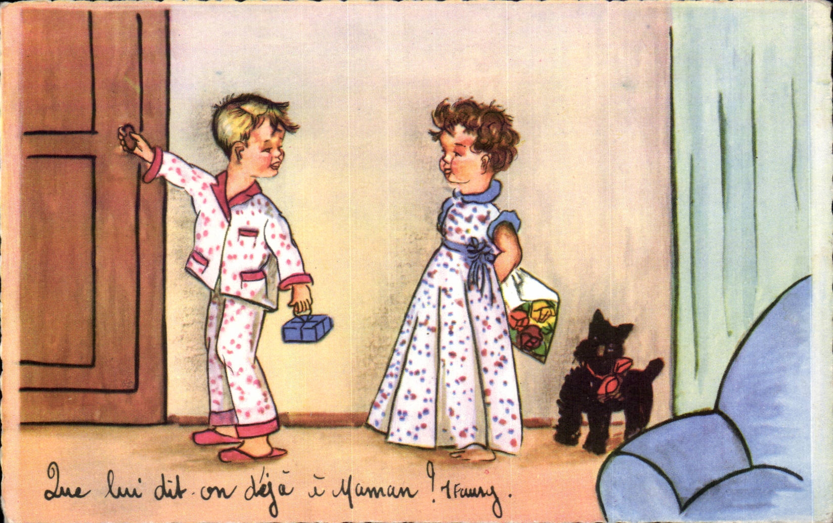 Fantaisie - Enfants - Illustration - Cute litte children - dog - chien - CPA 