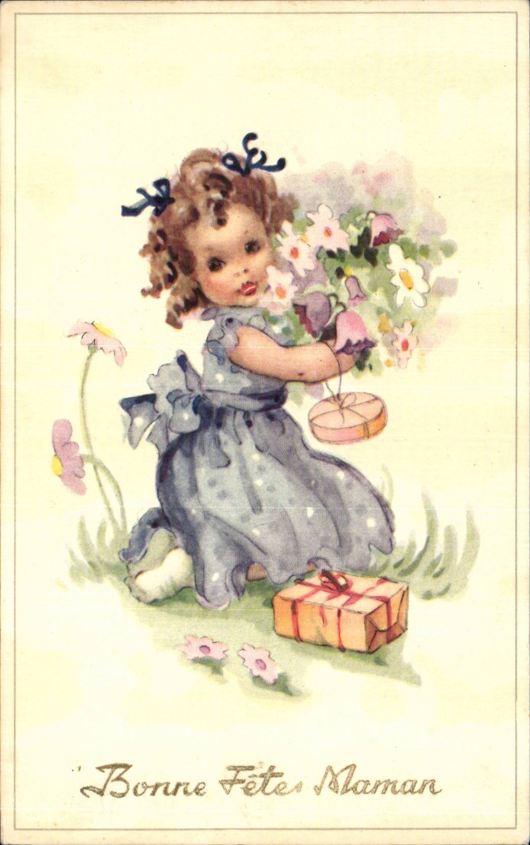 Fantaisie - Enfants - Illustration - little girl with flowers - CPA 