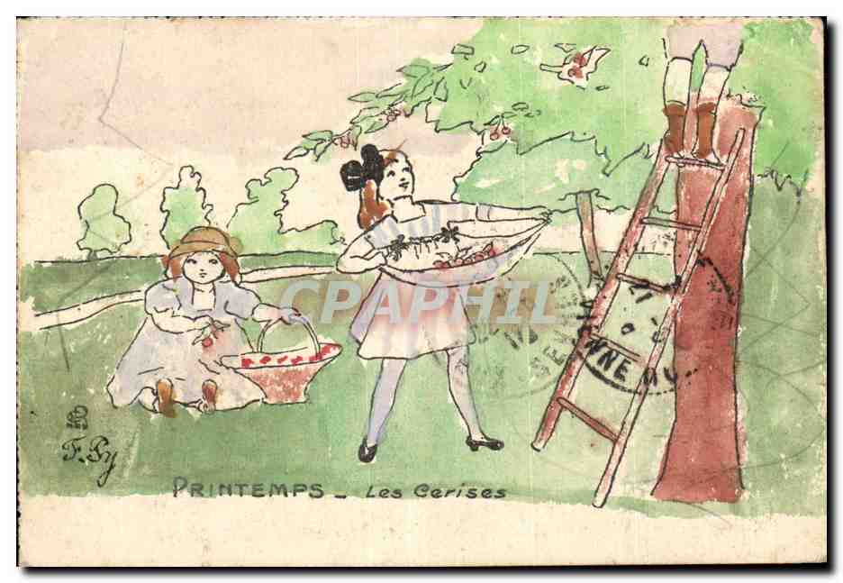 Humour - Illustrarion - Printemps - Les Cerises - chreey picking - CPA 