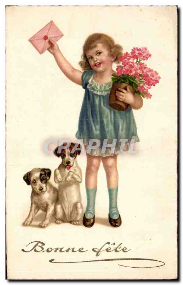 Fantaisie - Enfant - IlIustration - Darling girl with letter - dog - chien - CPA 