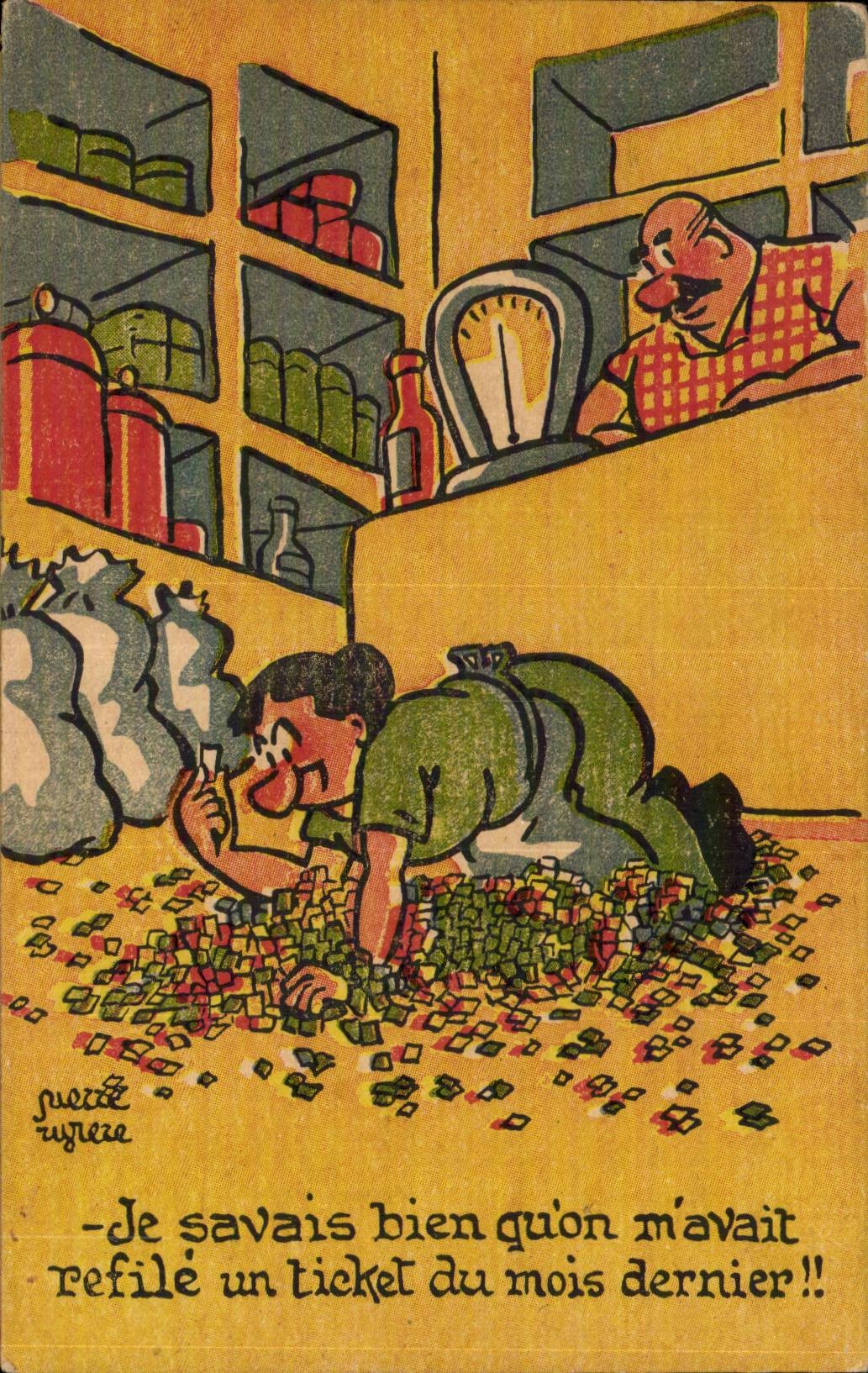 Marchand de légumes — blague sur un ticket de caisse — dessin de Pierre Ayreze
