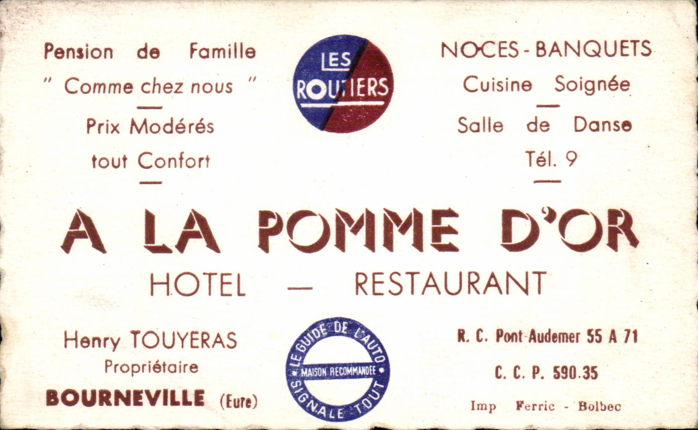 Bourneville - A La Pomme D'Or - Hotel - Restaurant Carte de visite 